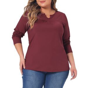 Plus Size Blouse Long Sleeve T-Shirt Notched Neck Loose Casual Top Burgundy
